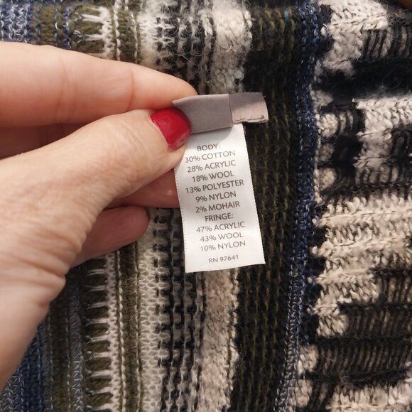 J Jill Open Sweater Cardigan XL Green Blue Southwest Aztec Fringe Wool Blend - Picture 10 of 12
